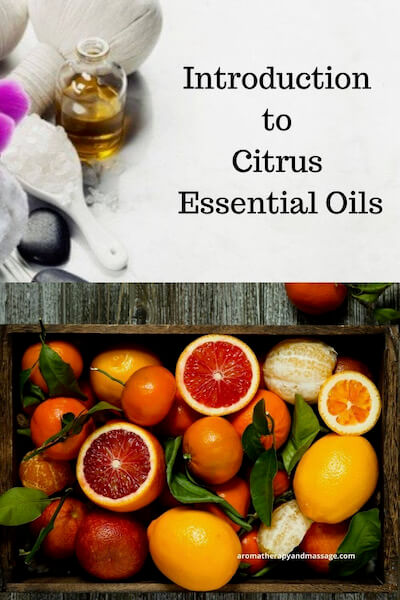 Aromatherapy supplies with the words Introduction to Citrus Essential Oils and photo of a variety of citrus fruits.