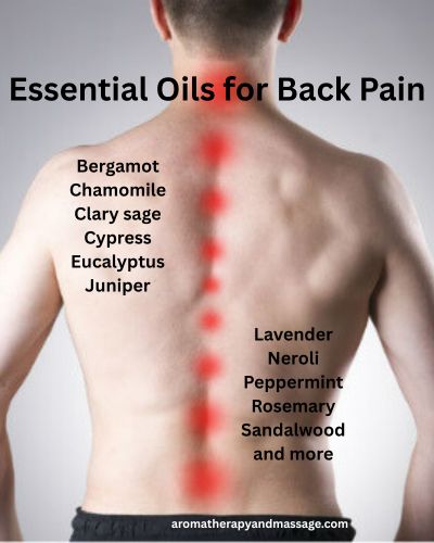 Man's back with pain locations marked in red and the words Essential Oils for Back Pain and a list of essential oils.