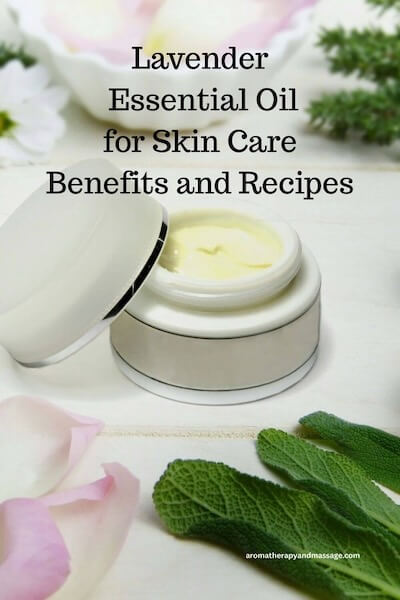 Face cream surrounded by flowers with the words Lavender Essential Oil for Skin Care.