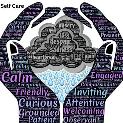 Hands holding emotions and listing ways to practice self care.