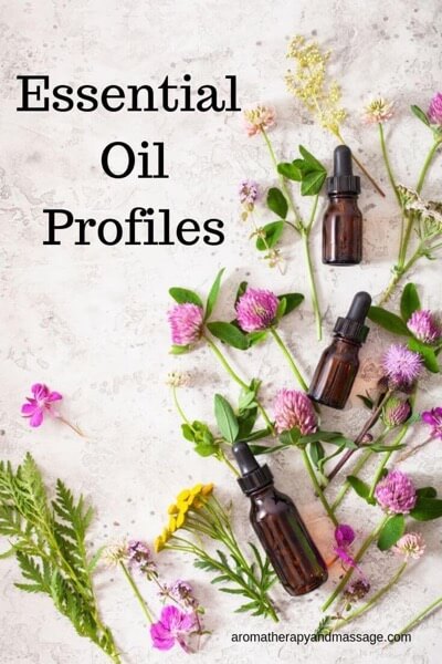 Image of essential oil bottles and plants with the words Essential Oil Profiles