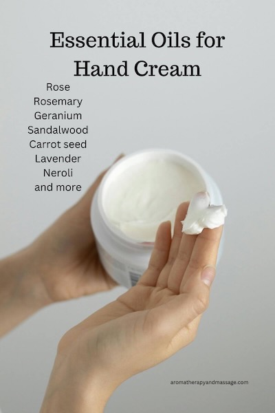 Photo of person holding jar of hand cream with the words essential oils for hand cream.