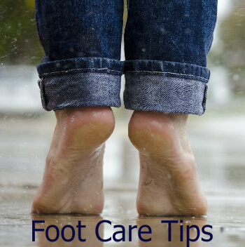 Person with bare feet standing on toes. Text: Foot Care Tips