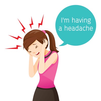 Cartoon woman with red lightning rods pointing at her head and bubble saying "I have a headache." | Essential Oils for Headaches
