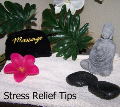 Relaxing items, including plant, flower, massage t-shirt, and Buddha statue with the words Stress Relief Tips