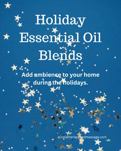 White stars on blue background with the words Holiday Essential Oil Blends.