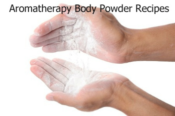Hands holding body powder with the words Aromatherapy Body Powder Recipes.