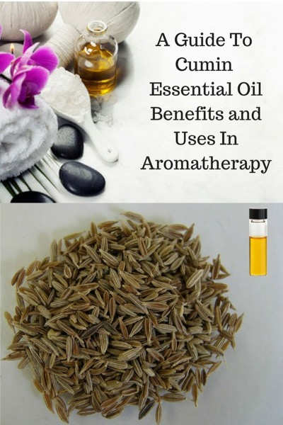 Aromatherapy supplies with the words A Guide To Cumin Essential Oil and Its Benefits and Uses and photo of cumin seeds and oil.